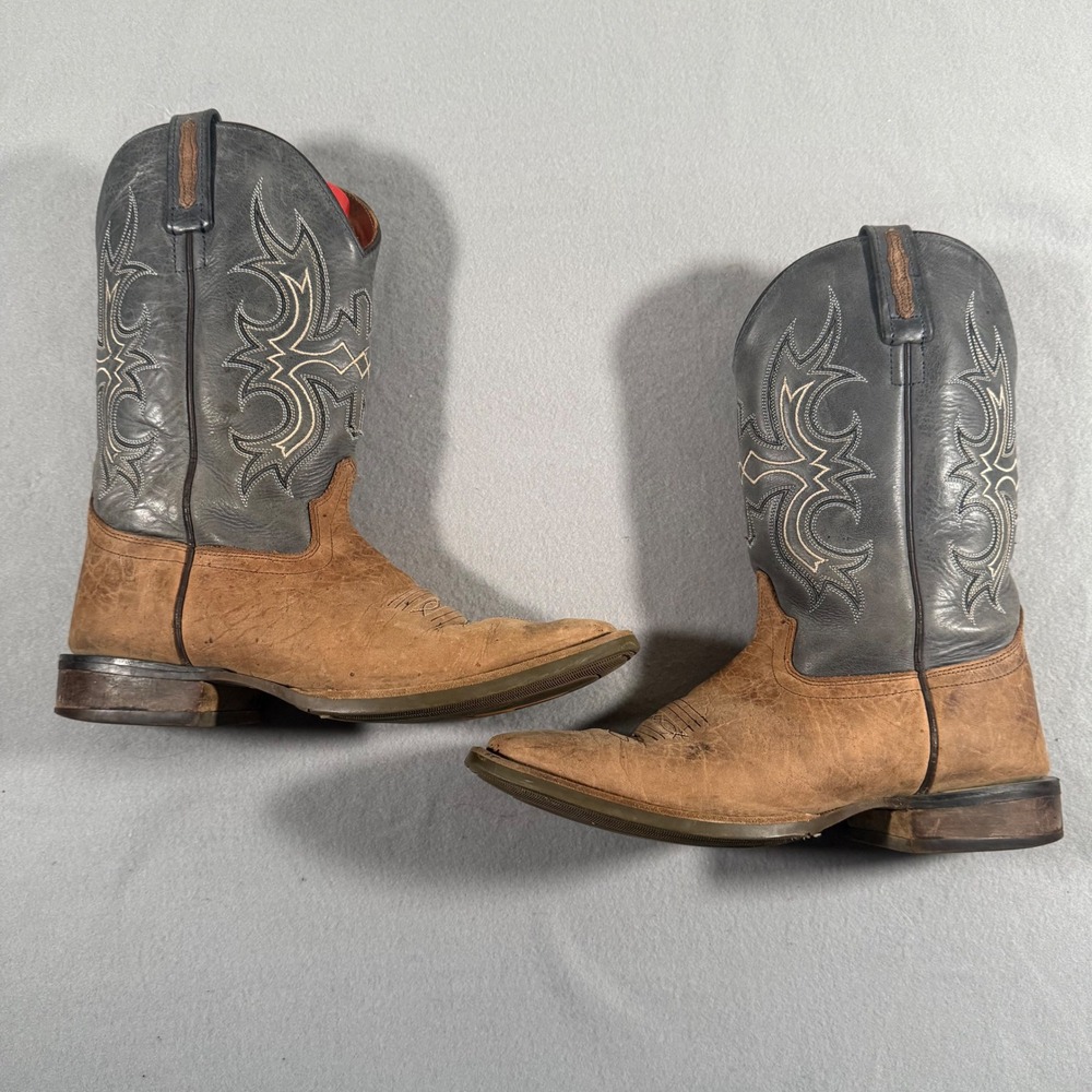 Old West Mens Brown Blue Leather Square Toe Cowboy Western Boots BSM1895 Size 8D